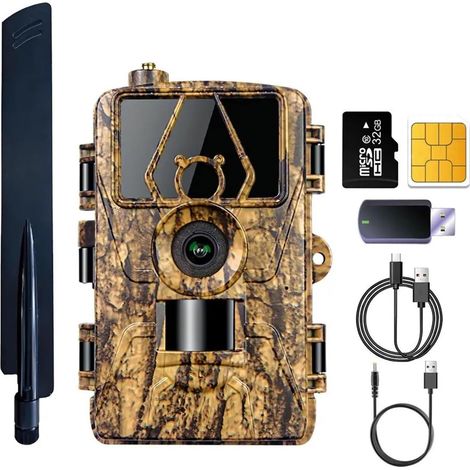 Caméra Faune Sauvage App Caméra De Chasse 4G LTE 60MP Photo 8K Vidéo Nuit Infrarouge Suivi des Animaux Sécurité La Maison IP66 Carte 32 Go Incluse Fiable Précise (1/5)