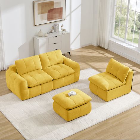 Divano angolare modulare 3 posti con pouf, ciniglia gialla DESVIAE (1/5)