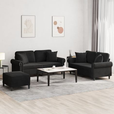 3-tlg. Sofagarnitur mit Kissen Schwarz Samt (1/5)