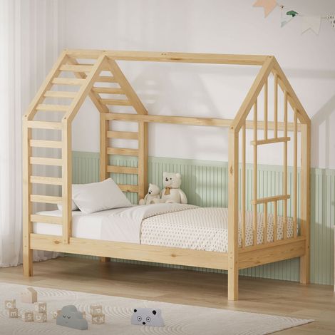 ML-Design Letto Montessori per bambini, a casetta con rete a doghe 70x140 cm, lettino singolo con tetto e finestra per bambine, struttura in legno massiccio di pino, ideale per cameretta, naturale (1/5)