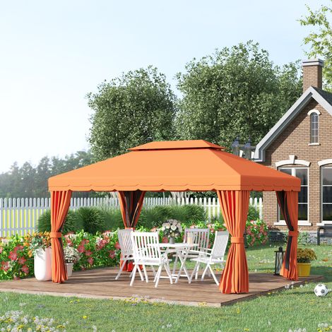 Gazebo jardin 4x3m draps protection auvents latéraux, orange