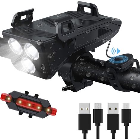 Feu Avant Vélo - 3 LED Rechargeable USB - 4000 mAh - Étanche IPX4 - Avec Support Téléphone et Klaxon - Pour Vélo Route et VTT