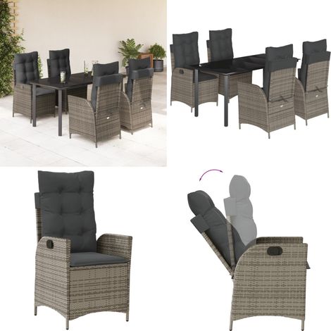 Set da Pranzo da Giardino 5 pz con Cuscini in Polyrattan Grigio - Sedie da giardino reclinabili - Tavolo da giardino