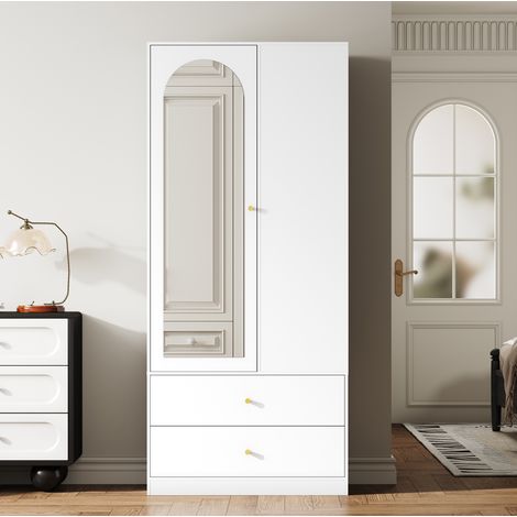 Armario de almacenamiento de 180 x 80 x 40 cm con puerta de espejo, 2 cajones, 4 estantes, MDF blanco para dormitorio. (1/5)