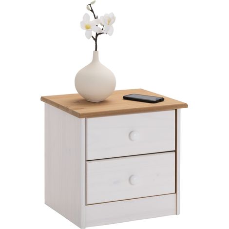 Idimex – Table de chevet en pin massif 2 tiroirs – Lasure blanc/brun – Montage facile – Collection Rondo