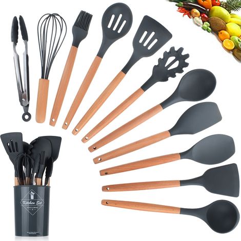 Ustensiles de Cuisine en Silicone, 11 PCS Accessoire Cuisine Set sans BPA, Kit d'Ustensiles de Bois, Antiadhésive Set avec Pot de Rangement, Noir (1/2)