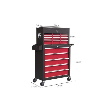 Servante d'atelier rouge à roulettes avec 14 tiroirs verrouillables, panneau perforé latéral et tapis EVA pour garage (1/5)