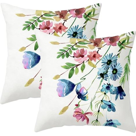 Lot de 2 Taies d'Oreiller Décoratives en Lin, Motif Floral Peinture Aquarelle, Fleur et Printemps, Housse Oreiller Décoratif pour Salon, Jardin, Maison, Cadeaux (45x45 cm) (1/5)