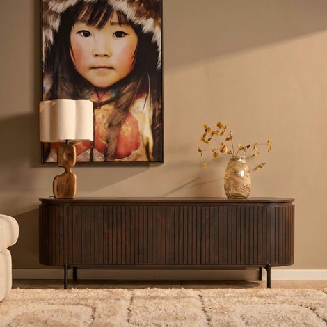 Meuble TV 3 portes bois marron rainuré 165 cm CALERO (1/5)