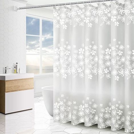 Rideau de douche 3D translucide en EVA imperméable, anti-moisissure, écologique et lavable, 180x200 cm (72x79 pouces), motif floral blanc. (1/5)