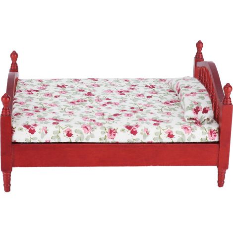 Lit miniature en bois pour maison de poupée à l'échelle 1:12, meuble de décoration, jouet pour enfant (couleur acajou) (1/5)