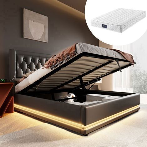 Lit coffre - SOGEU - Lit Coffre 160x200 - PU noir - Matelas 160x200 inclus 25 cm - LED 16 couleurs, USB/Type-C (1/5)