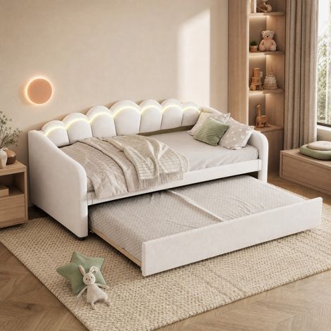 Lit banquette convertible 90 x 200 cm en velours beige et MDF avec lit gigogne, éclairage LED multicolore réglable par télécommande, pour chambre – de FLORAGRACE (1/5)