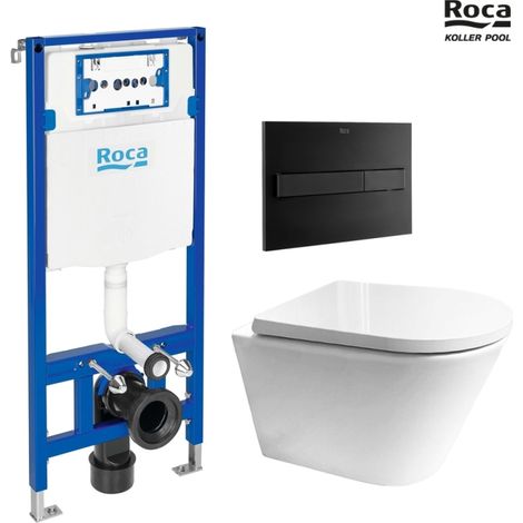 BASTIDOR ROCA ACTIVE PACK CISTERNA EMPOTRADA Y PULSADOR BLANCO BRILLO CON INODORO SUSPENDIDO Rimless LIA Negro de AzulBath