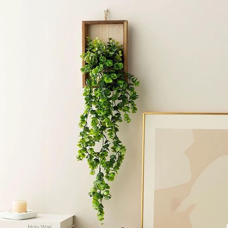 Artificial Trailing Wall Plants - 3D Composition of Artificial Succulents - Presented in a Wooden Rectangular Planter - Indoor Plant Decoration (1/5)