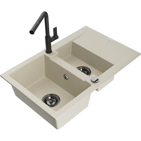 Mexen Gaspar fregadero de granito de 1,5 senos con escurridor y grifo de cocina Flora, beige - 6507-69-670401-70-B
