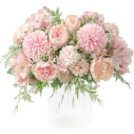 Fleurs artificielles, faux bouquet de pivoine en soie hortensia décor oeillets en plastique arrangements floraux réalistes décoration de mariage centres de table 2 paquets rose clair