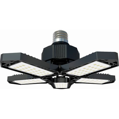Lámparas de techo LED para garajes - Minilámparas de techo con 5 paneles ajustables y ventilador deformable, 100-265V, 1500 lm, 6500K, base E27/E26, para áticos y sótanos. (1/5)