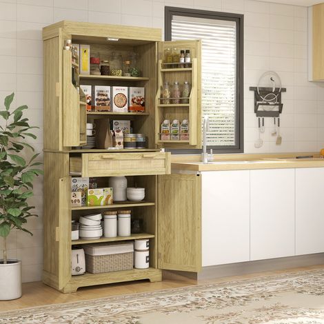 Aparador alto de cocina estilo bohemio con 2 armarios y un cajón, mueble de cocina con especiero en madera y ratán, 76x40x183cm, roble.