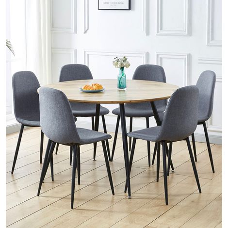 Hallowood Furniture Cullompton Round Dining Table and Chairs Set 6, Light Oak Effect Top Large Kitchen Table and Chairs in Grey Fabric Upholstery and Metal Legs for Home, Office & Café (1/5)