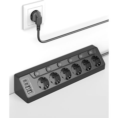 Multiprise d'Angle, Interrupteur Individuel, 6 Prises avec 4 Ports USB (2 USB-C 20W + 2 USB-A), Protection Contre Les Surtensions, Sécurité Enfants, Câble 2m, 3680W pour Cuisine, Bureau, Maison (1/5)