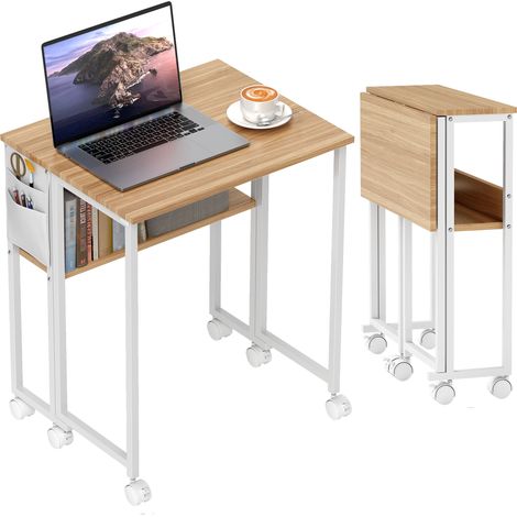 Klappbarer Schreibtisch 63x50 cm, inklusive Rollen, Ablage und Aufbewahrungstasche, Naturholz, praktischer mobiler Schreibtisch für kleine Räume.