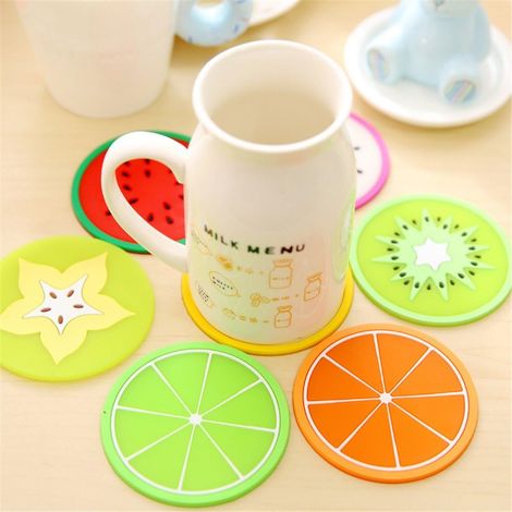 Dessous de verre, sous-verres ronds en silicone café thé ensemble de 7, fruits image nouveaux tapis de table et pieds de sous-verre ensemble meubles napperons (1/4)