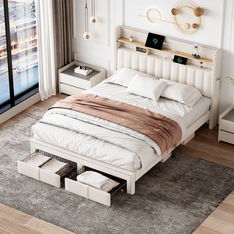 4FT6 Double Upholstered Bed with 2 Storage Drawers, Riveted Storage Bed with Charging and Lighting, Linen Platform Bed Frame, Beige (No Mattress)
