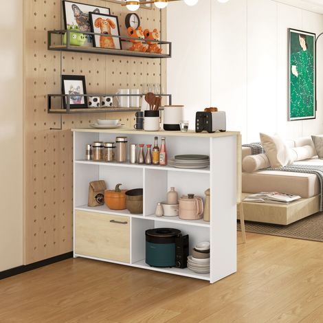 Mesa de bar moderna y extensible de MDF para 2 personas con 4 estantes abiertos y armario, 116 x 79,5 x 91 cm, color blanco y madera.