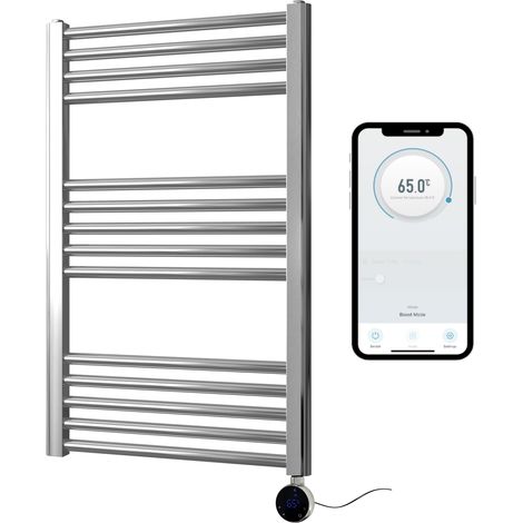 Chrome Electric Smart WiFi Controlled Heated Towel Rail 500mm W x 800mm H Straight 7 Day Programmable Timer App Compatibility