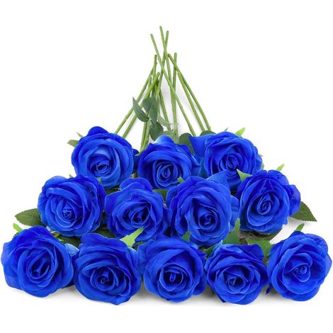 12 Stück Blaue Kunstblumen Langstielige Rosen für Zuhause Hochzeit Party (1/5)