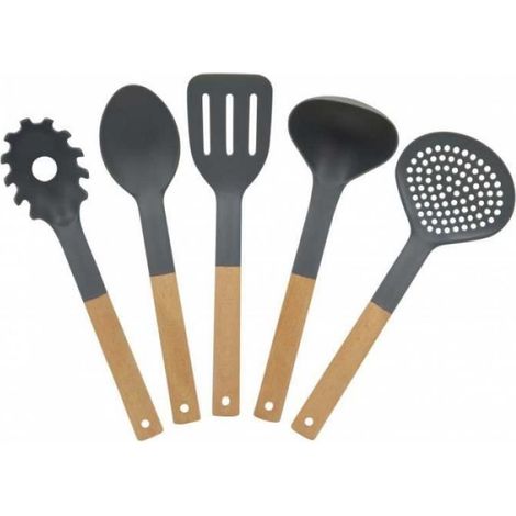 Ustensiles De Cuisine - Bois Et Nylon Thermoplastique - Résistant Jusqu'à 200 °C - Anti-rayures Pour Revêtements Téflon Et Céramique - Lot De 5