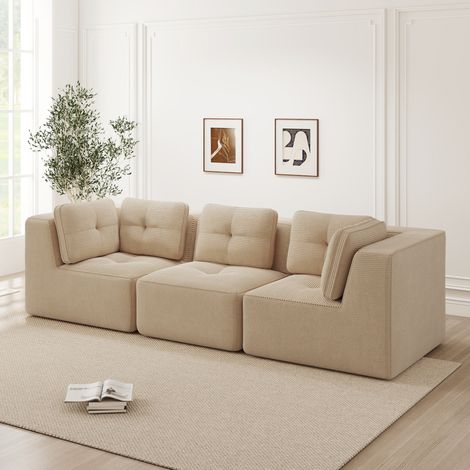 REDOM - Divano angolare modulare, seduta profonda 74 cm, comfort avvolgente, braccioli ampi, tessuto in velluto a coste beige (1/5)