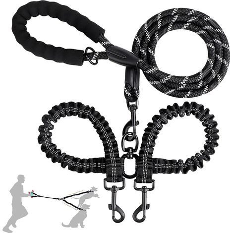 Ahlsen Anti-Wickel-Doppelleine, verstellbare Trainingsleine, reflektierender Draht, Trennvorrichtung für das Training und Spazierengehen von 2 Hunden (1/5)