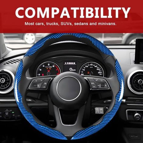 Housse Volant Carbone Bleu Universelle 38cm 3 Pièces Protection Volant Anti Dérapante Design Sport Accessoire Voiture (1/4)
