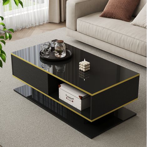 Tavolino da salotto LED 100x50x40 cm, 3 cassetti, nero e oro, FloraGrace (1/5)