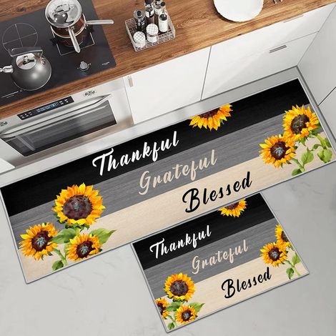 Set of 2 rubber kitchen mats, (Sunflower, 40 x 120 cm + 40 x 60 cm) Water and oil absorbent, kitchen doormats, living room mats (1/5)