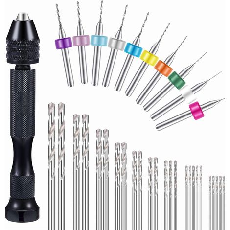 Set di 37 trapani manuali con morsa, mini punte da trapano e punte elicoidali per lavori artigianali, intaglio del legno e fai da te (punte da trapano per circuiti stampati da 0,3 a 1,2 mm)