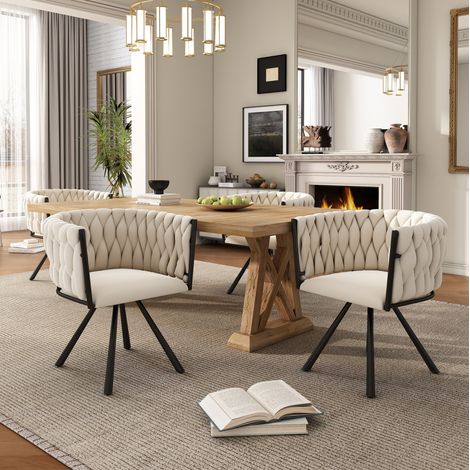 Lot de 4 chaises de salle à manger pivotantes en velours beige, dossier ergonomique, assise rembourrée et piètement métal robuste, style moderne CHICFURN (1/5)