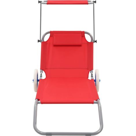 Chaise longue pliable avec auvent et roues Acier Rouge (1/5)