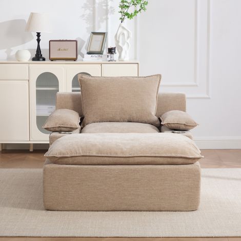 Fauteuil chaise longue 1 place 163x113x81cm avec 4 coussins-porte gobelet-poche latérale-sans montage-Chenille Kaki clair (1/5)