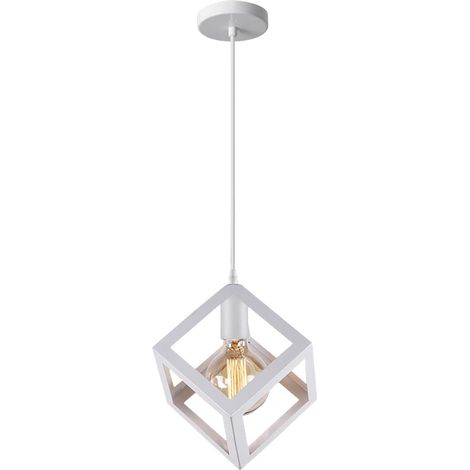 Suspension Luminaire Moderne Lustre Forme Cube Lampe de de Style Géométrique en Métal E27 Plafonnier pour Chambre Salon Restaurant Blanc