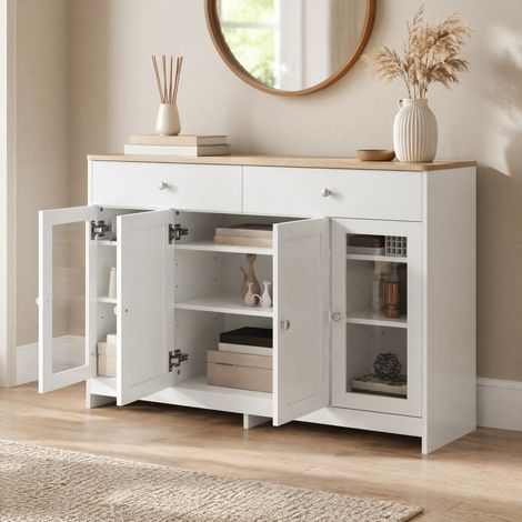 Aparador 120 x 37 x 80 cm, 4 puertas, 2 cajones, puertas de cristal, blanco y efecto madera (1/5)