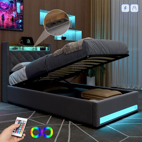Lit coffre jeunes 90x190cm avec sommier - LED et port USB de recharge - velours gris - Sans matelas (1/5)