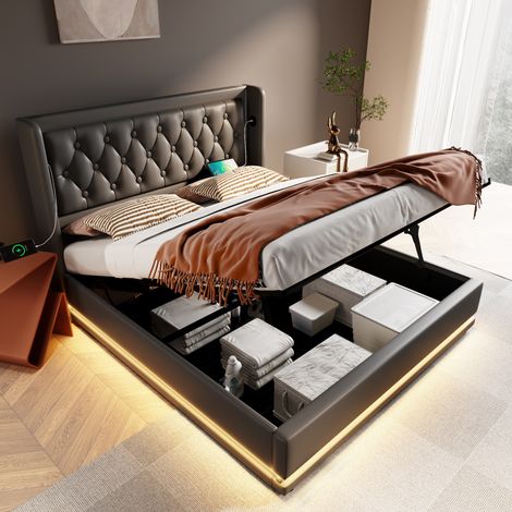 Bettgestell 140x200 cm Schwarz aus PU mit Stauraum, LED und USB-C (1/5)