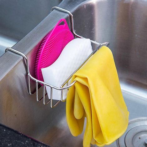 Porte-éponge de cuisine en acier inoxydable, panier de rangement pour éponge, égouttoir à liquide vaisselle et brosse de nettoyage. (1/4)