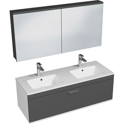 RUBITE Meuble salle de bain double vasque 1 tiroir gris anthracite largeur 120 cm + miroir armoire