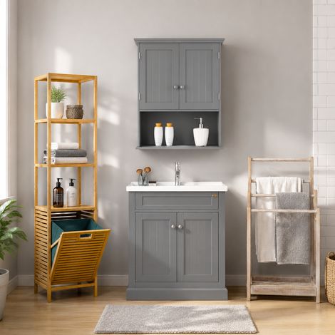 Juego de muebles de bano de bambu 3 piezas armario de pared gris cesto de la ropa alto y toallero de madera 228524188 (1/5)