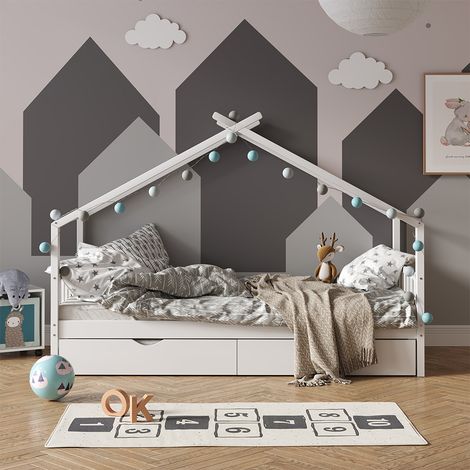 Hausbett Design, Weiß, 90x200 cm mit Gästebett und Matratze, Vitalispa