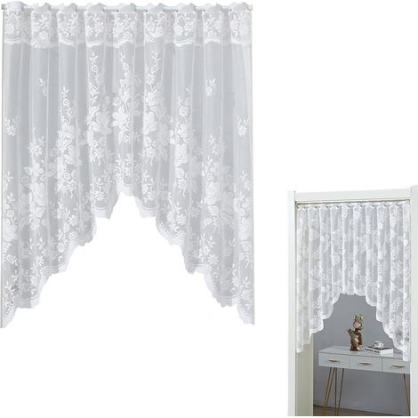 Rideau Voilage Blanc en Dentelle à Motifs Fleurs, 160x100cm, Brise-bise de Style Campagne pour Cuisine et Petite Fenêtre, Rideau de Porte en Forme d'Arc pour Décoration Intérieure (1/5)